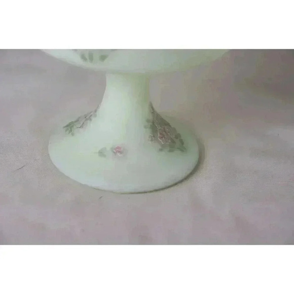 Vintage Fenton Custard satin, Ruffled Compote midcentury hand paintedLinda Bules - Picture 3 of 8